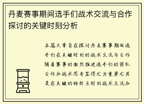 丹麦赛事期间选手们战术交流与合作探讨的关键时刻分析